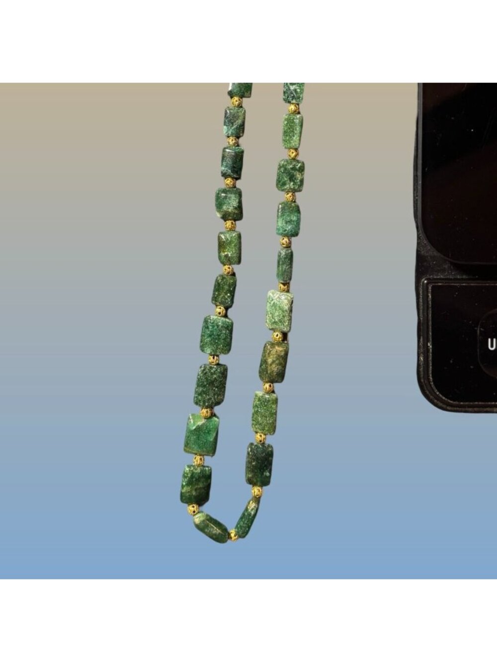 Green Semi Precious Stone Gold Tone Necklace Bracelet Set Adjustable Vintage - Picture 8 of 13